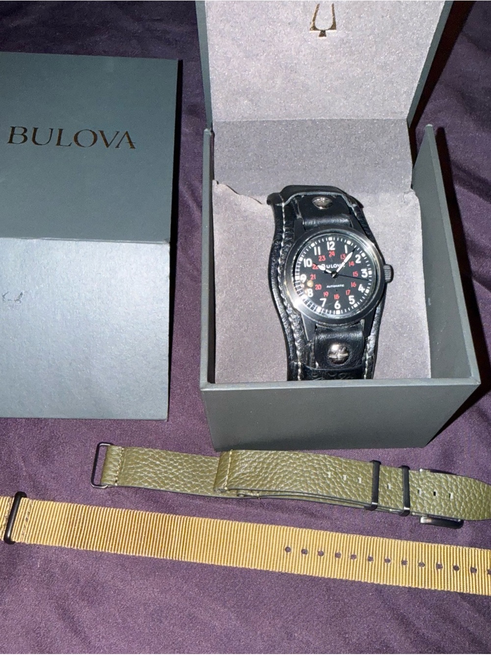 Bulova Hack Military Watch Black Dial Leather Bund Strap